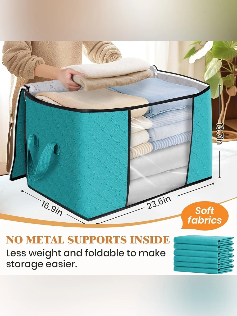 Large Turquoise Fabric Storage Bins - 4 Pack